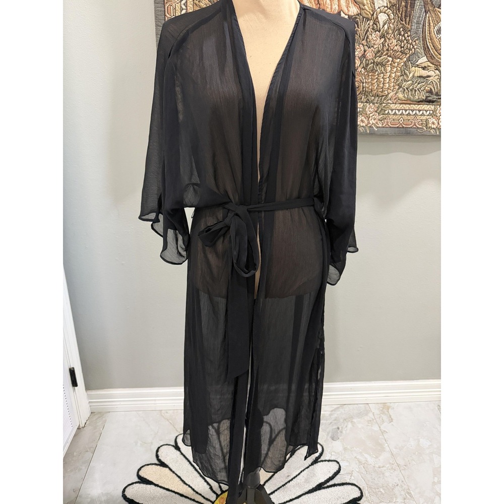 No Boundaries Swim Cover Up Juniors L-XL Black Sheer Belted Kimono Duster Beach